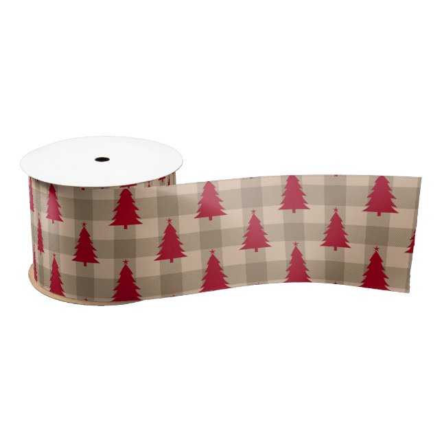 Red Brown Tan Buffalo Plaid Rustic Christmas  Satin Ribbon (Spool)