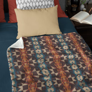 Red Brown Teal Blue Orange Tribal Art Pattern Fleece Blanket