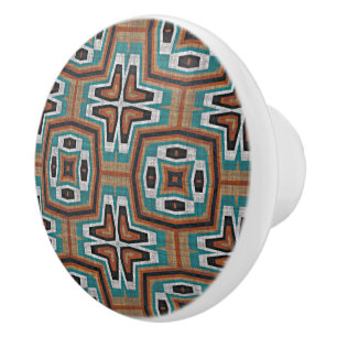 Red Brown Teal Turquoise Grey Tribal Art Pattern Ceramic Knob
