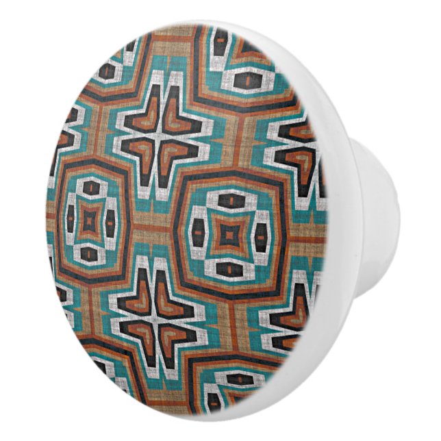 Red Brown Teal Turquoise Grey Tribal Art Pattern Ceramic Knob (Right)