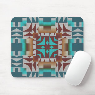 Red Brown Turquoise Teal Tribal Mosaic Art Pattern Mouse Pad