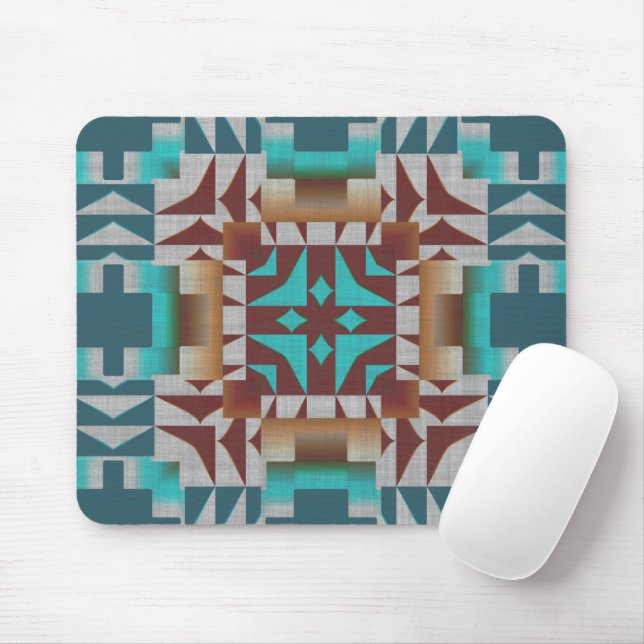 Red Brown Turquoise Teal Tribal Mosaic Art Pattern Mouse Pad (With Mouse)