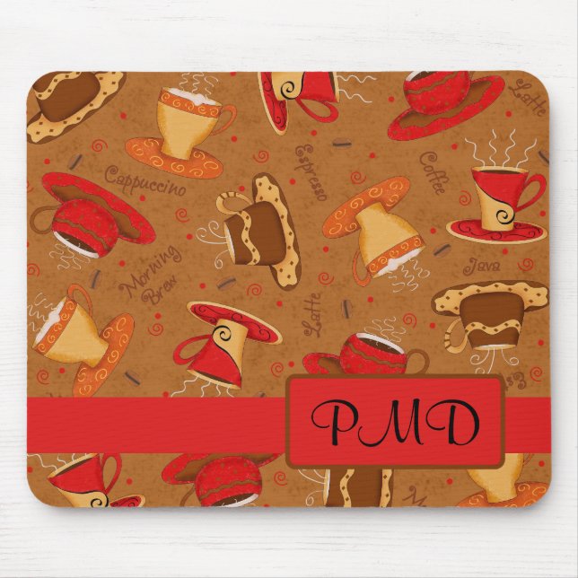 Red Brown Whimsy Coffee Cups Pattern Name Mouse Pad (Front)