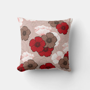 Red Brown White Poppy Flowers Cushion