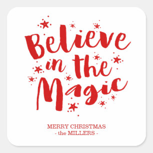 Red Brush Script Believe In The Magic Christmas Square Sticker
