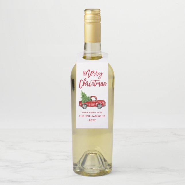 Red Brush Script Christmas Vintage Truck Bottle Tag (On Bottle)