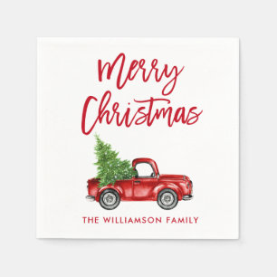 Red Brush Script Christmas Vintage Truck Napkin
