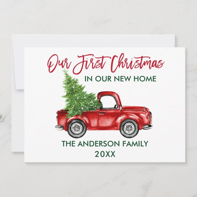 Red Brush Script First Christmas New Home Truck Holiday Card (Front)