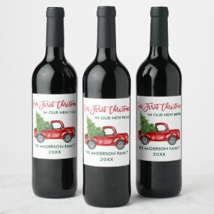 Red Brush Script First Christmas New Home Truck Wine Label