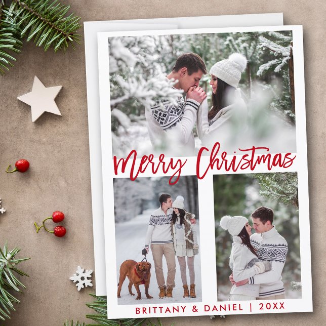 Red Brush Script Photo Merry Christmas Holiday Card (Customize to add text to back of card.)