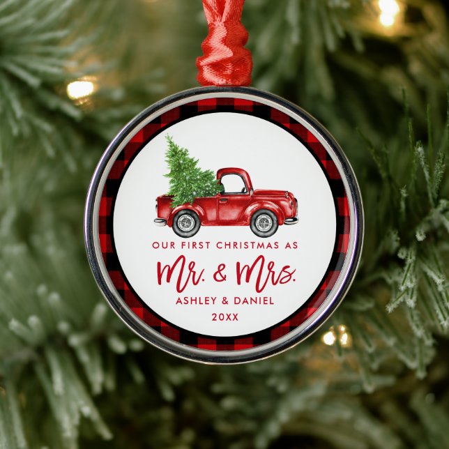 Red Brush Script Truck First Christmas Plaid Metal Ornament (Tree)