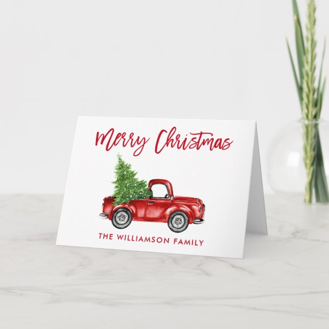 Red Brush Script Vintage Truck Christmas Fold Holiday Card (Front)