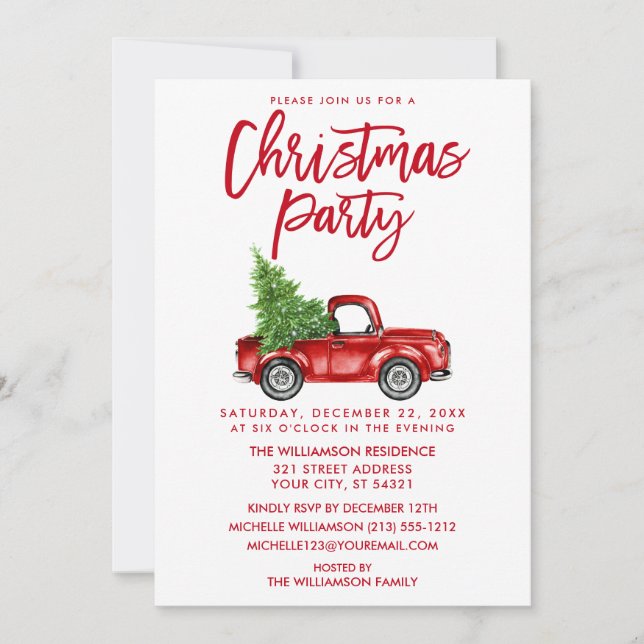 Red Brush Script Vintage Truck Christmas Party Invitation (Front)