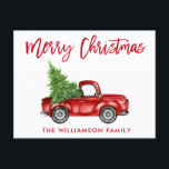 Red Brush Script Vintage Truck Christmas Tree Postcard<br><div class="desc">Brush Script Watercolor Vintage Red Truck with Christmas Tree - Merry Christmas Postcard</div>
