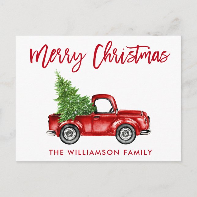 Red Brush Script Vintage Truck Christmas Tree Postcard (Front)