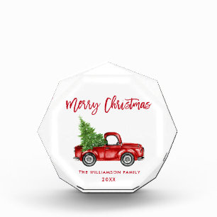 Red Brush Script Vintage Truck Christmas Year Photo Block