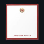 Red Brushed Gold Monogram Notepad<br><div class="desc">Elevate your note-taking game with this luxurious personalised notepad featuring a brushed metallic gold monogram initial at the top and your name in classic typography at the bottom, elegantly framed in red trim. Perfect for jotting down ideas, taking notes or making lists, this notepad makes a great gift for yourself...</div>