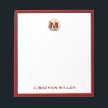 Red Brushed Gold Monogram Notepad<br><div class="desc">Elevate your note-taking game with this luxurious personalised notepad featuring a brushed metallic gold monogram initial at the top and your name in classic typography at the bottom, elegantly framed in red trim. Perfect for jotting down ideas, taking notes or making lists, this notepad makes a great gift for yourself...</div>