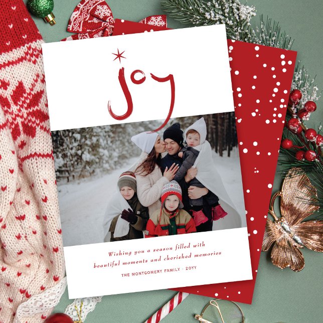Red Brushed Joy Calligraphy Star Christmas Photo Holiday Card (Creator Uploaded)