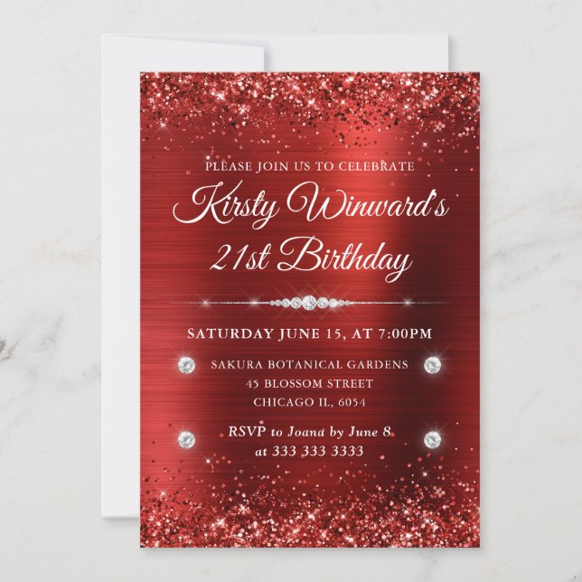 Red Brushed Metal and Glitter 21st Birthday Invitation (Front)