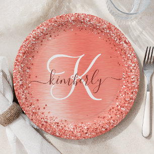 Red Brushed Metal Glitter Monogram Name Paper Plate
