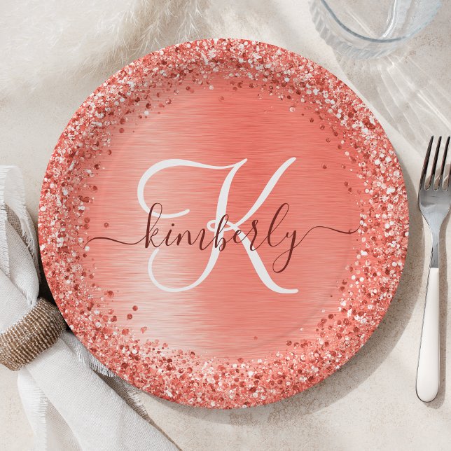 Red Brushed Metal Glitter Monogram Name Paper Plate (Creator Uploaded)