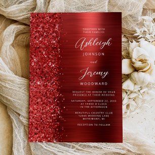 Red Brushed Metal Glitter Script Wedding Invitation