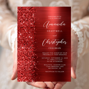 Red Brushed Metal Glitter Script Wedding Invitation