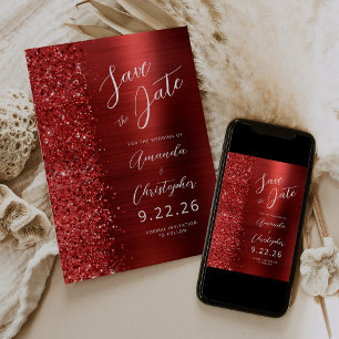 Red Brushed Metal Script Save the Date Announcement