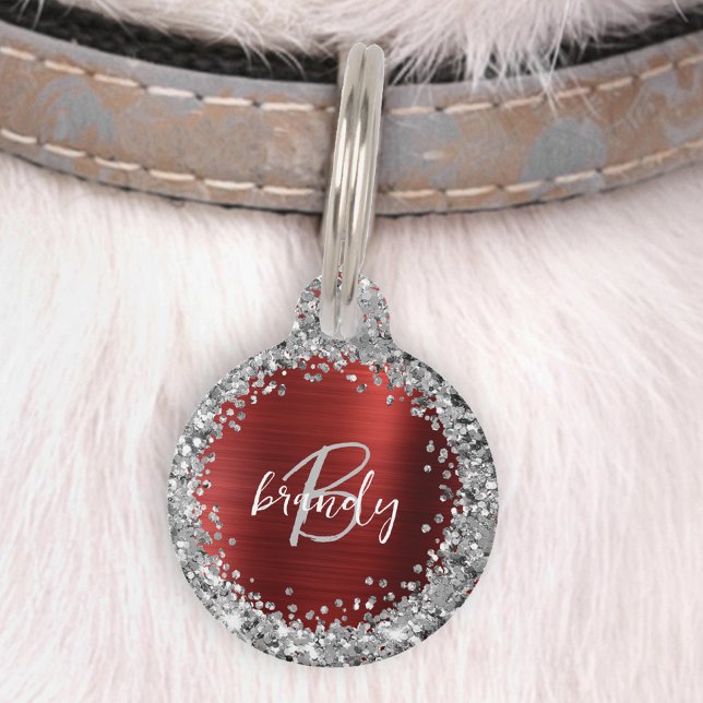 Red Brushed Metal Silver Glitter Monogram  Pet Tag (Creator Uploaded)