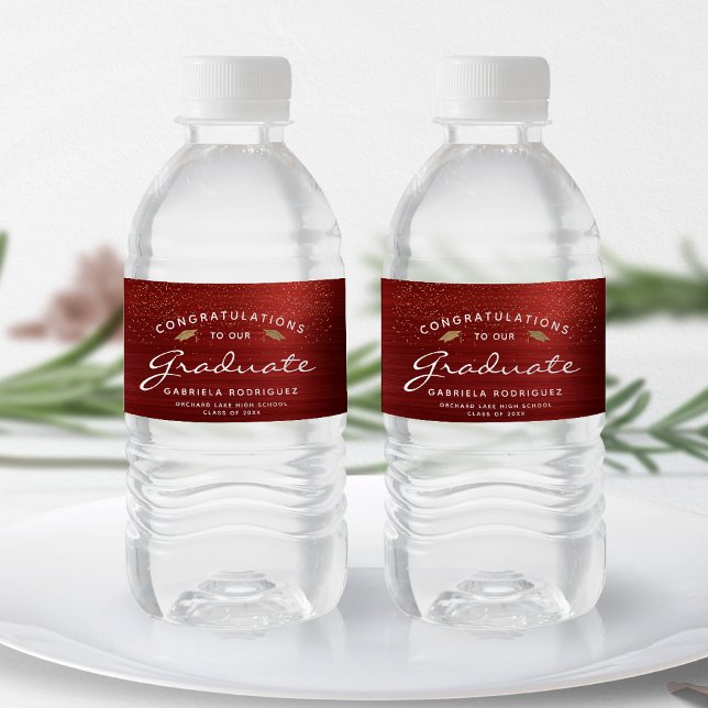 Red Brushed Metal White Script Gold Cap Graduation Water Bottle Label (Creator Uploaded)