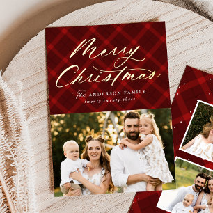 Red Brushed Plaid Gold Foil 3 Photo Holiday Card