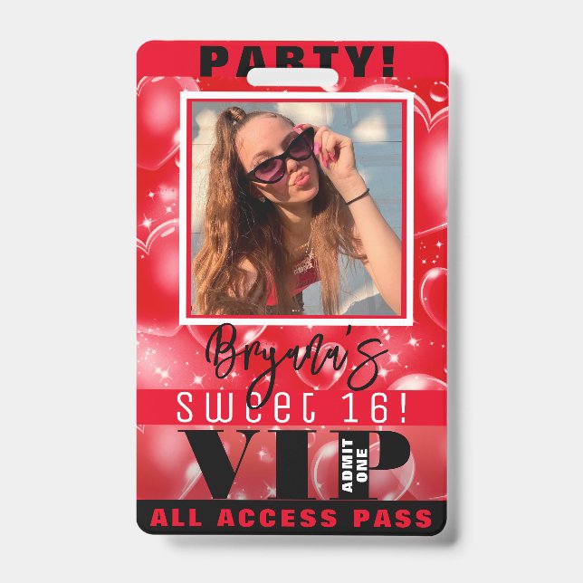 Red Bubble Hearts Birthday Party VIP Pass Badge ID Badge (Front)