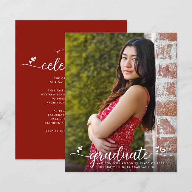 Red Budget Photo Graduation Script Invitation Bold (Front/Back)