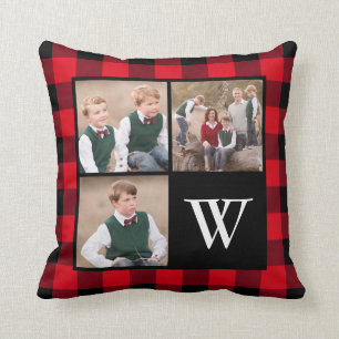 Red Buffalo Check 3 Photo Collage Monogram Cushion