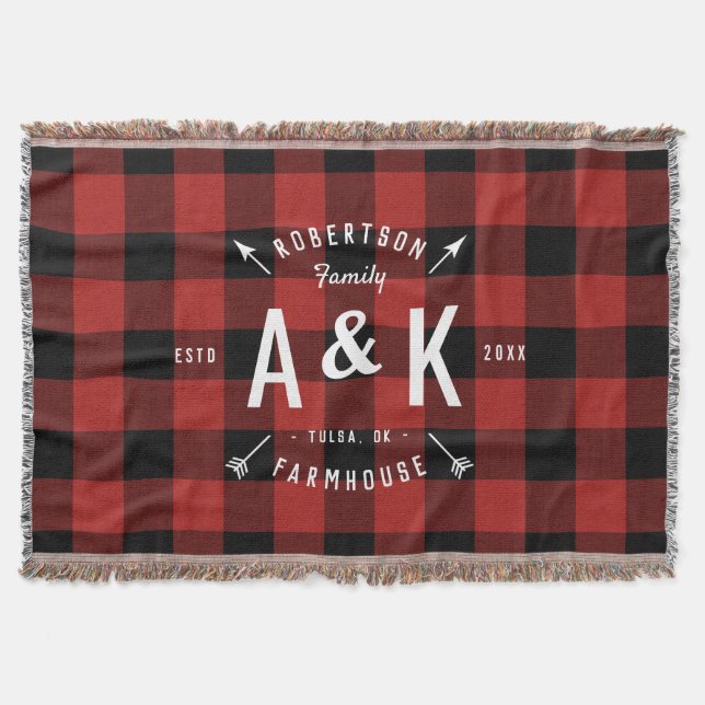 Red Buffalo Check and Farmhouse Arrow Monogram Throw Blanket (Front)