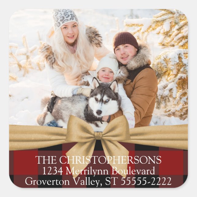 Red Buffalo Check & Bow Photo Return Address Square Sticker (Front)