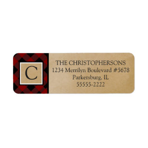 Red Buffalo Check   Brown Kraft Paper   Monogram Return Address Label