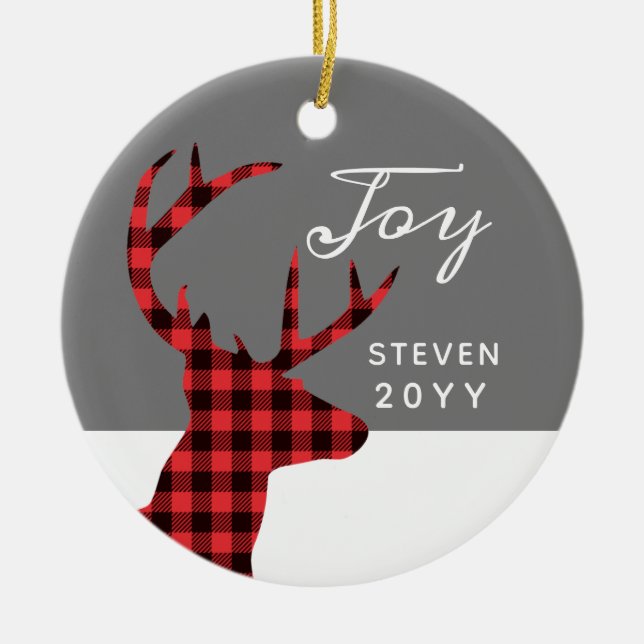 Red Buffalo Check Deer Personalised Year Mens Ceramic Ornament (Front)