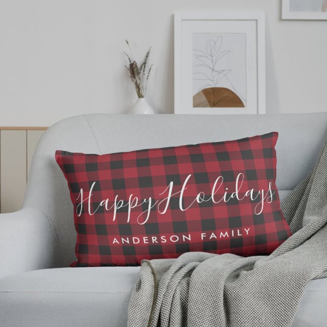 Red Buffalo Check Happy Holidays Family Name Lumbar Cushion (Creator Uploaded)