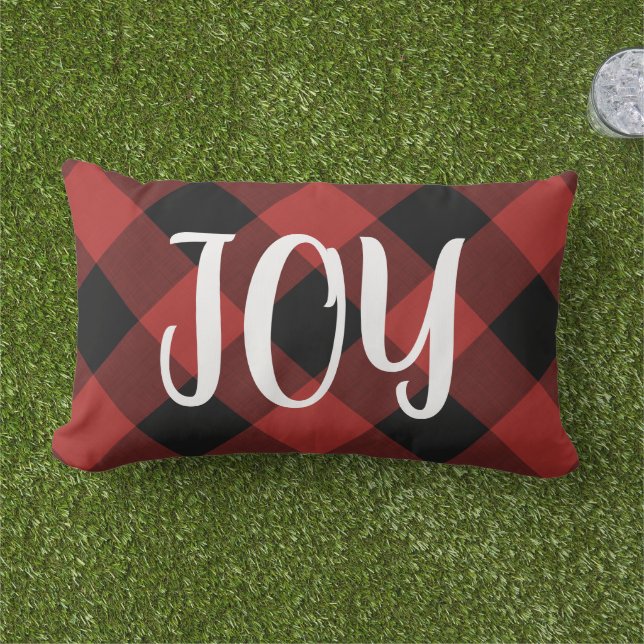 Red Buffalo Check Joy | Farmhouse Holiday Outdoor Lumbar Cushion (Grass)