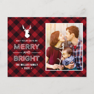 Red Buffalo Check Merry and Bright Christmas Photo Postcard
