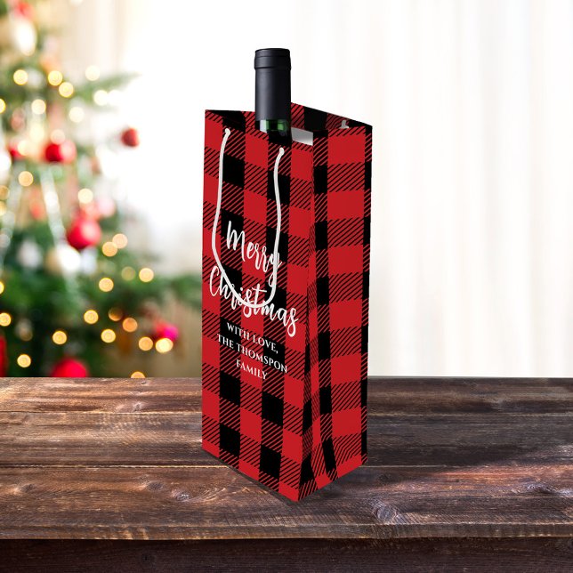 Red Buffalo Check Merry Christmas Custom Wine Gift Bag (Red and black Merry Christmas Buffalo Check Pattern Wine Gift Bag)
