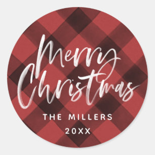 Red Buffalo Check Pattern Family Name Classic Round Sticker