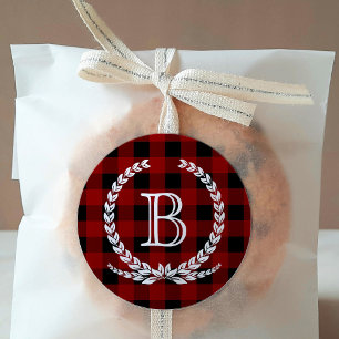 Red Buffalo Check Pattern Monogram Classic Round Sticker