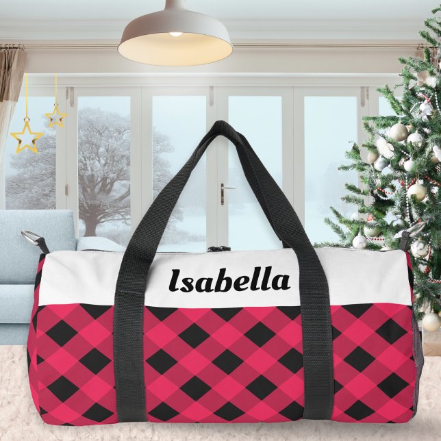Red Buffalo Check Pattern Personalised Duffle Bag (A festive duffel bag with red buffalo plaid pattern, and white panel to personalize with a name)