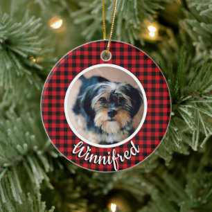 Red Buffalo Check Personalised Pet Photo Christmas Ceramic Ornament