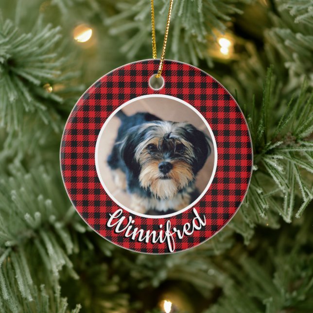 Red Buffalo Check Personalised Pet Photo Christmas Ceramic Ornament (Tree)