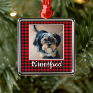 Red Buffalo Check Personalised Pet Photo Christmas Metal Ornament