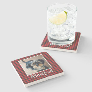 Red Buffalo Check Personalised Pet Photo Christmas Stone Coaster